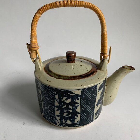 Takahashi Japan Vintage Gray Speckled Blue Bamboo Print Teapot 4 Cups Set - Picture 6 of 12